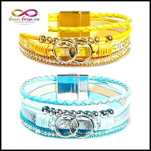 Boho Multi-Layer Woven Leather Wrap Bracelet‎ with Heart Rhinestone Closure